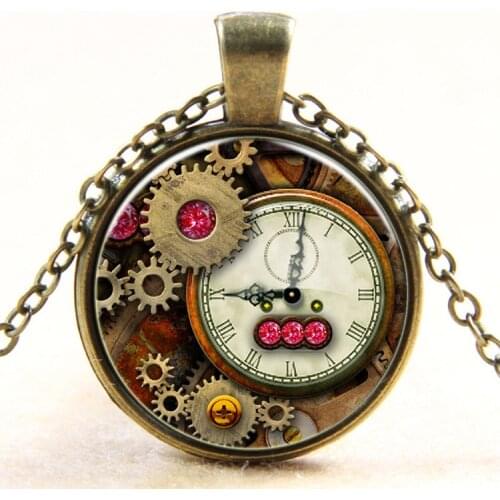 Steampunk necklace metal gear dial pattern antique bronze pendant necklace for women and men vintage glass dome Jewelry gift