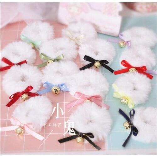 1pcs Princess sweet lolita bow with bell hair rope lovely girl fake rabbit fur ball double tail hair rope B493