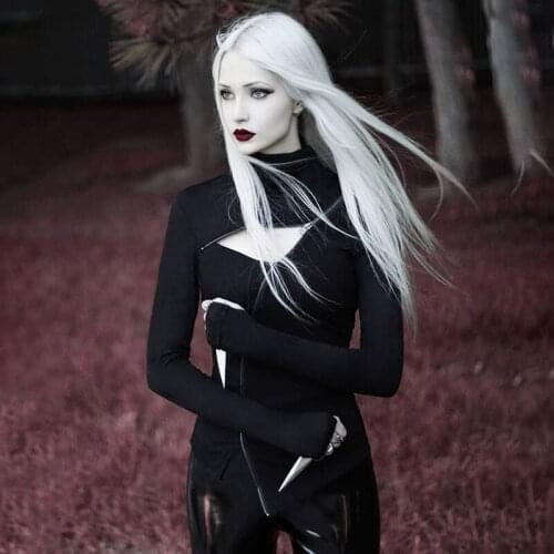 Ruibbit Punk Gothic Women Black Long Sleeve Fashion Pullover BF zipper Hollowing out Sweatshirt Female Tops