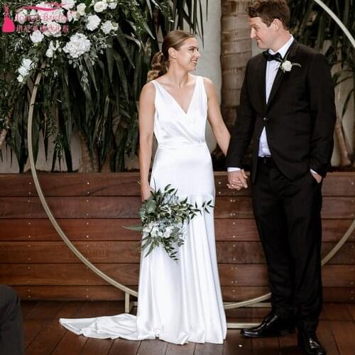 Deep V-Neck Soft Satin Wedding Dresses Mermaid Simple Elegant Bridal Gowns Vestido De Noivas ZW473