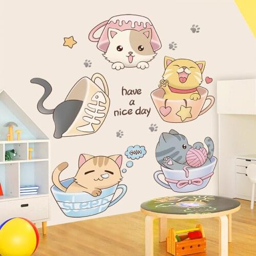 [SHIJUEHEZI] Cartoon Cups Wall Stickers DIY Cats Animal Mural Decals for Kids Room Baby Bedroom Kindergarten Home Decoration