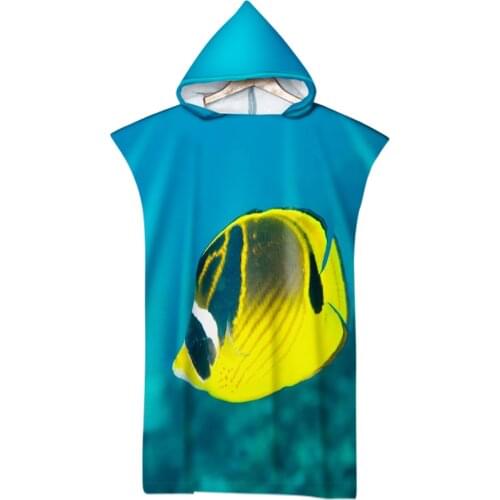Blue Marine Life Colorful Fish Ocean Printing Outdoor Adult Hooded Beach Towel Poncho Bathrobe Towels Women Man Bathrobe