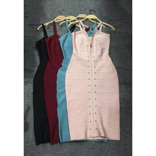 Top Quality Black Lake Blue Wine Red Front Zipper Spaghetti Strap Rayon Bandage Dress Evening Party Bodycon Dress