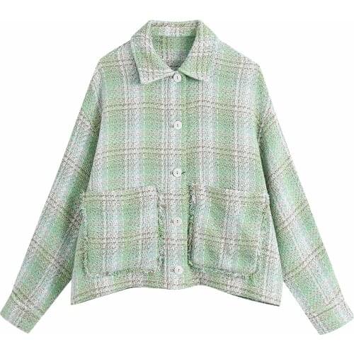Za Women 2021 Fashion Overshirts Green Checked Jacket Tweed Coat Vintage Female Outerwear Chic Tops Xitimeao