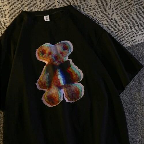 2021 summer new short-sleeved T-shirt female bear cartoon print dark style loose large size wild round neck T-shirt