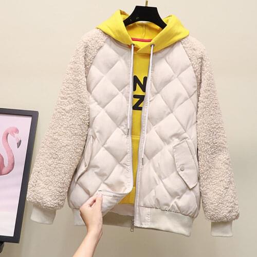 Splicing rhombic Cotton Clothing Womens Winter Jackets Coats 2020new Korean Loose Lamb Wool Coat Short Parka Outerwear V1140
