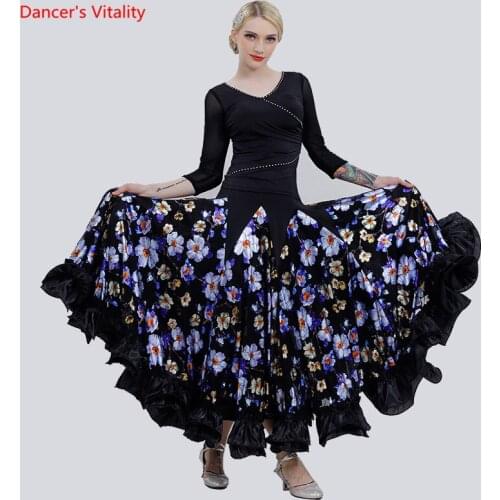 Custom Made Ballroom Dance Suit Tops+Print Big Swing skirts 2pcs Set For Women Latin Ballroom Waltz Dance Performance Costumes