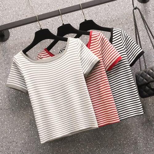 2021 Ice Silk O-neck short-sleeved sweater bottoming shirt womens Sweater loose thin Stripe color pullover spring summer 4XL