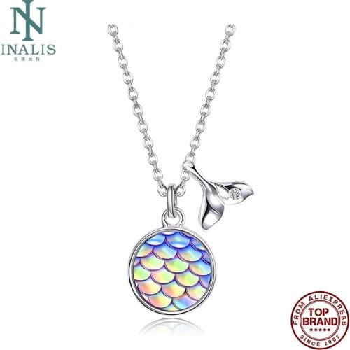 INALIS 925 Sterling Silver Necklaces For Women Gradient Resin Pendant Necklace Fish Tail Ocean Style Jewelry Engagement Gift