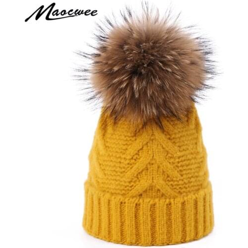 Winter Wool Knitted Hat Beanies With Real Fur Pompon Fashion Skullies Beanies Hat For Women Girls Outdoor Warm Thick Cute Hat