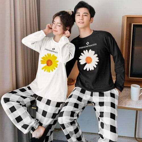 2020 Autumn 100% Cotton Couple Long Sleeve Pajama Sets Women Casual Plaid Pants Sleepwear Men Homewear Pijama Mujer Home Clothes