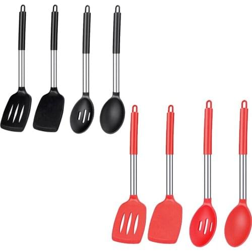 4 Pcs Silicone Cooking Spoon Slotted Spoon Turner Spatula,Stainless Steel Handle,for Nonstick Cookware