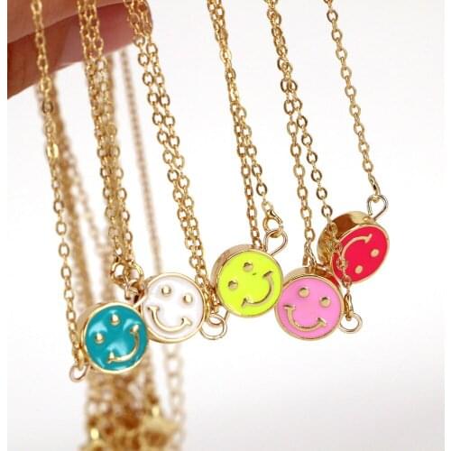 5PCS, Enamel Cute Smiley Face Double Sided Pendant Necklace For Women Vintage Collares Mujer Fashion Jewelry Girls Party Gifts