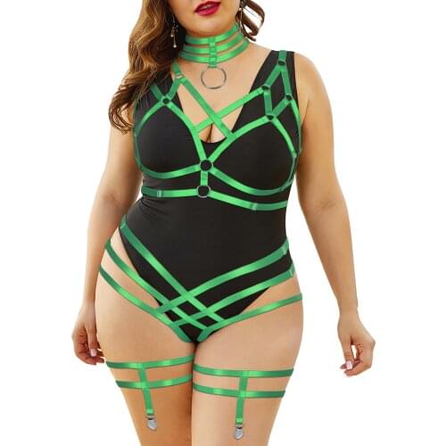 3pc Punk Goth Collar Accessories Busty Women Plus Size Body Harness Lingerie Set Bondage Straps Bdsm Stockings Belt Garter