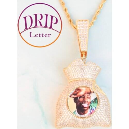Custom Photo Medallion Money Bag Pendant Real Gold Plated Hip Hop Jewelry