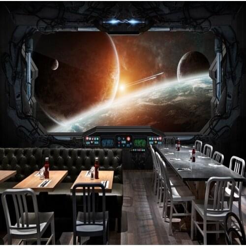 Photo wallpaper 3D Stereo bar KTV Internet cafes Wallpaper gaming room mural Cosmic Space Cabin Spacecraft moon Mural