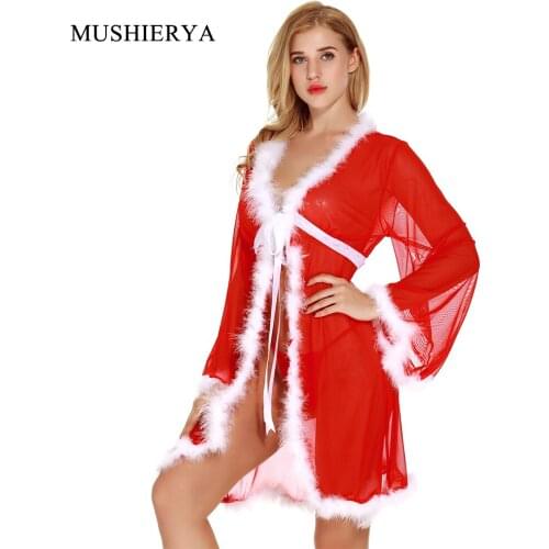 MUSHIERYA Kimono Translucent Nightwear Robes Women Lingerie Sexy Erotic Nighty Dress Christmas Sleepwear Charming Lace Nightgown