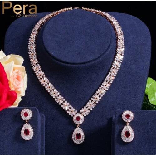 Pera CZ Classic Cubic Zirconia Gold Color Nigerian Wedding African Costume Big Statement Jewelry Set With Red Crystal Stone J060
