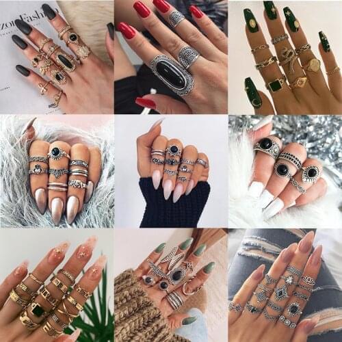 21 Styles Big Black Stone Boho Midi Phalanx Rings For Women Hippie Nigritude Crystal Statement Vintage Ring Bulk Knuckle Jewelry
