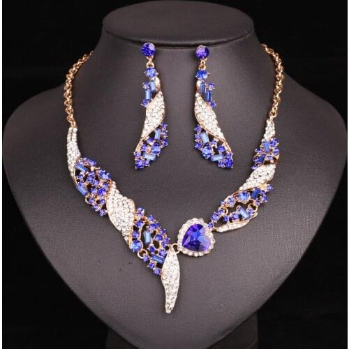 Luxury Heart Crystal Necklace Earrings Jewelry Sets Indian Bridal Wedding Costume Jewellery Accessories Gifts for Brides Women