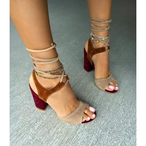 Leather Women Sandals Summer Shoes High Heels Lace Up Brown Woman Wedding Shoes Heels Plus Size 43