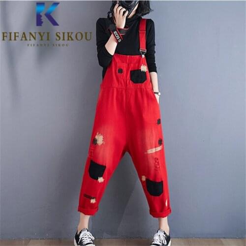 Red Denim Jumpsuit Women Pocket Fashion Embroidery Suspenders Ripped Jeans Loose Plus Size High Waist Denim Overalls Female