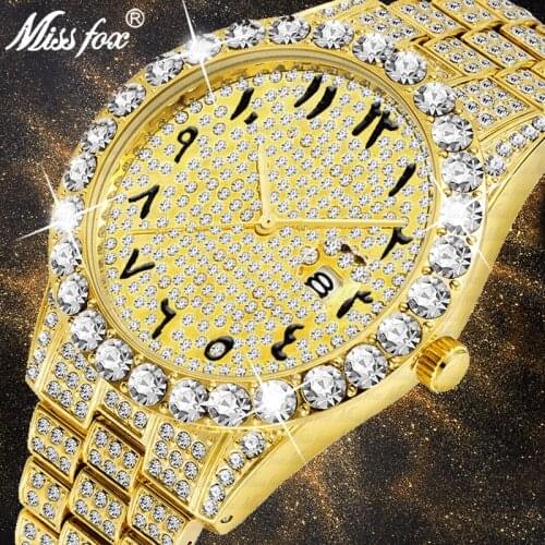 MISSFOX Mens Watch Arabic Numerals Luxury Mens Watches 18k Gold Unique Big Diamond Round Expensive Classic Male Iced Out Watch