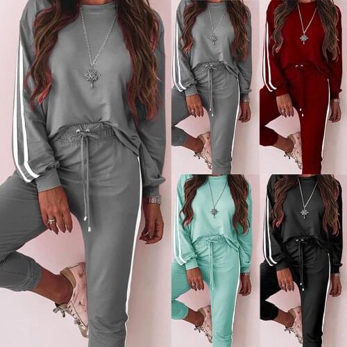 Fashion Women Autumn O Neck Long Sleeve Stripe Loose Blouse Pants Set Tracksuit Spring Autumn Sweatshirts Sporting Suit Female
