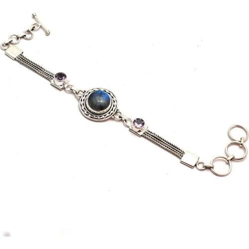 Genuine Labradorite + Amethyst Bracelet 925 Sterling Silver, 19.2 cm, GRP0240
