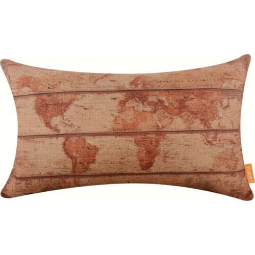 LINKWELL Pillow Case Burlap Cushion Cover 18x18 inch Vintage Yellow World Map in Wood Look Shabby Chic Retro Style New Arrivals
