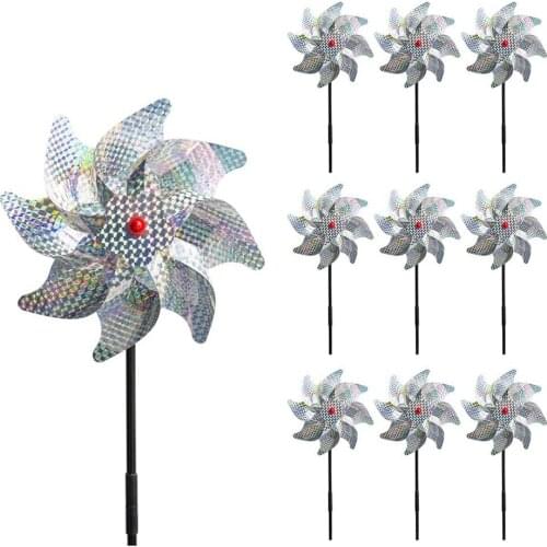 8 Leaves Bird Repeller Windmill Spinner PVC DIY Birds Deterrent Silver Pinwheels Suitable Outdoor Garden Lawn Yard Decoration