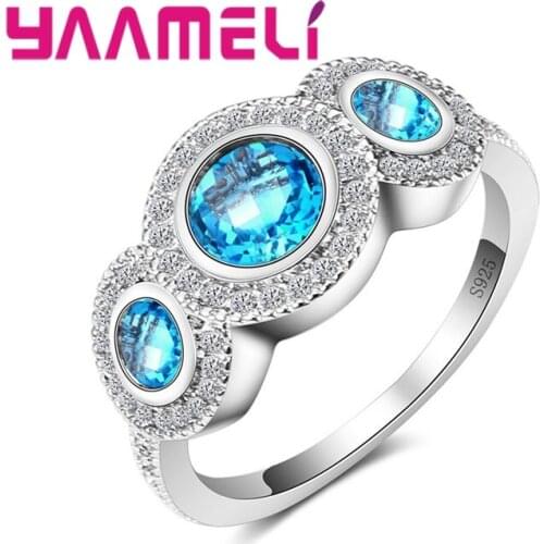 Luxury Round Lake Blue Clear CZ Zircon Crystals 925 Sterling Silver High Quality Ring Women Wedding Fashion Anel Jewlery