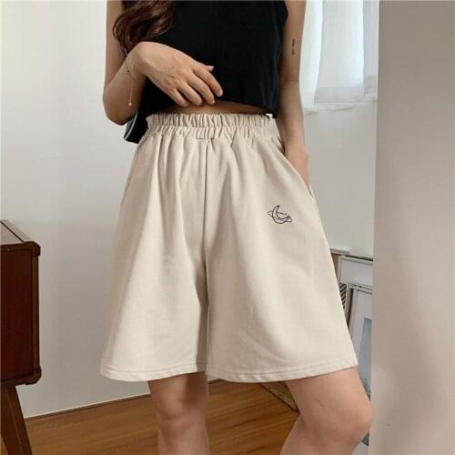 Shorts Women Pattern Embroidery Lovely Loose Casual Elastic Waist Harajuku Korean Style Womens Short Knee-length Workout Wear