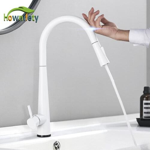 White polished Kitchen Sensor Faucet Hot & Cold Mixer Tap Sense Crane 2 Functon Modes Pull out Spout Modern torneira