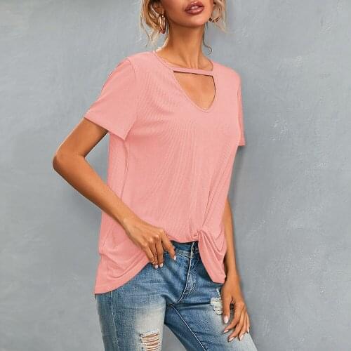 Short Sleeve V Neck Hollow Out T Shirts Loose Twist Knot Tunic Tops Women Casual Solid Harajuku Tees Shirt Tops for Female D30