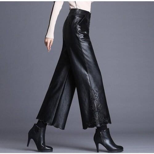 2020 New style comfortable fashion high quality High waist Zipper Fly PU casual womens Leather wide leg pants