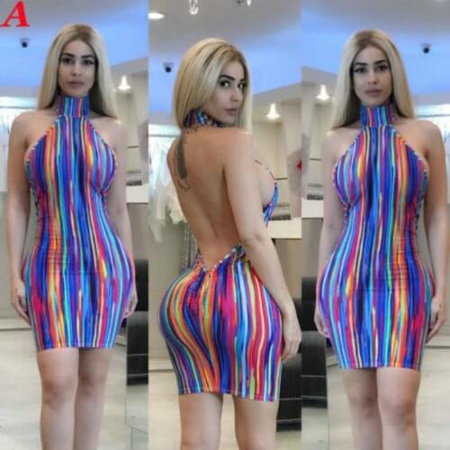 Dress 2018 New Brand Womens Summer Halter Sleeveless Backless Multicolour Striped Bodycon Party Dress