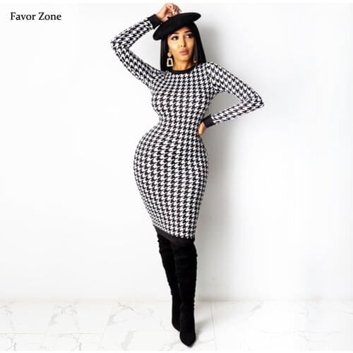 Autumn Winter Long Sleeve Midi Dress Women Elegant Vintage Houndstooth Print Hollow Out Sexy Bodycon Elastic Slim Party Dresses