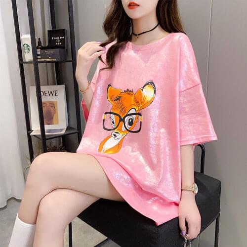 #0767 Korean Fashion Shiny T-shirt Female Loose Casual Womens Tee Shirts O Neck Animal Printed T Shirt For Girl Summer