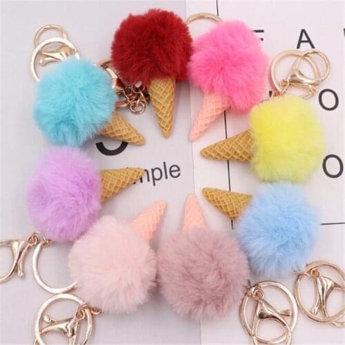 Ice Cream Porte clef Women Fluffy Pompom Keychain pom pom key chain Rabbit Fur Ball B080