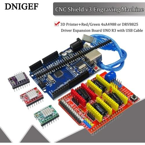 CNC Shield v3 Engraving Machine 3D Printer+Red/Green 4xA4988 or DRV8825 Driver Expansion Board UNO R3 with USB Cable