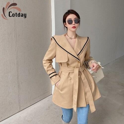 Cotday V Neck Double Breasted Trench Coat Women Student Winter Preppy Style Khaki Korean Loose Medium Length Woolen Blend Coat