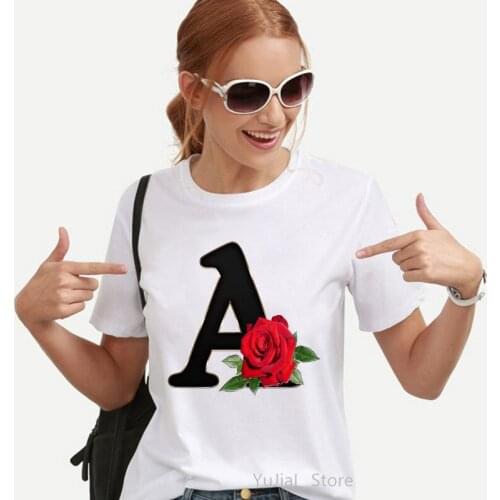 Alphabet A Letter Print Tshirts Women Clothes 2021 Red Rose T Shirt Haut Femme Tumblr Tops Tee Shirt Female T-Shirt