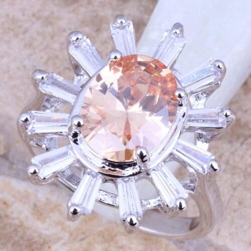 Pretty Champagne Morganite White CZ Silver Plated Womens Ring Size 6 / 7 / 8 / 9 R1065