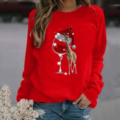 HOT SALES！！Women Autumn Winter Long Sleeve Wineglass Giraffe Print Blouse Xmas Sweatshirt