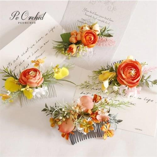 PEORCHID Yellow Orange Wedding Hair Combs Korean Flower Hairstyle Accessories For Women Floral Hair Vine Headpiece