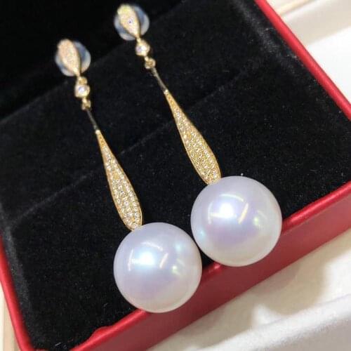D727 Pearl Earrings Fine Jewelry Solid 14K Gold Round 11-12mm Fresh Water White Pearls Earrings for Women Fine Presents