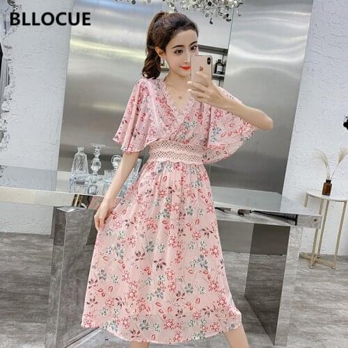 BLLOCUE Beach Chiffon Midi Dress New 2020 Summer Women Slim Hollow Out Lace Floral Print Vacation Dress Runway Vestidos