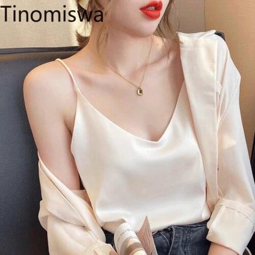 Tinomiswa Korean Silk Top Women V-neck Satin Tank Tops Woman Sleeveless Tees Cami Sexy Halter Top Plus Size Elegant Vest A1731