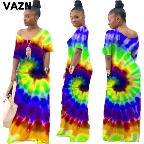 VAZN 2020 Summer Top Quality Plus Size Sexy Holiday Free Soft Well Fabrics Short Sleeve Women Nature Loose Maxi Dress